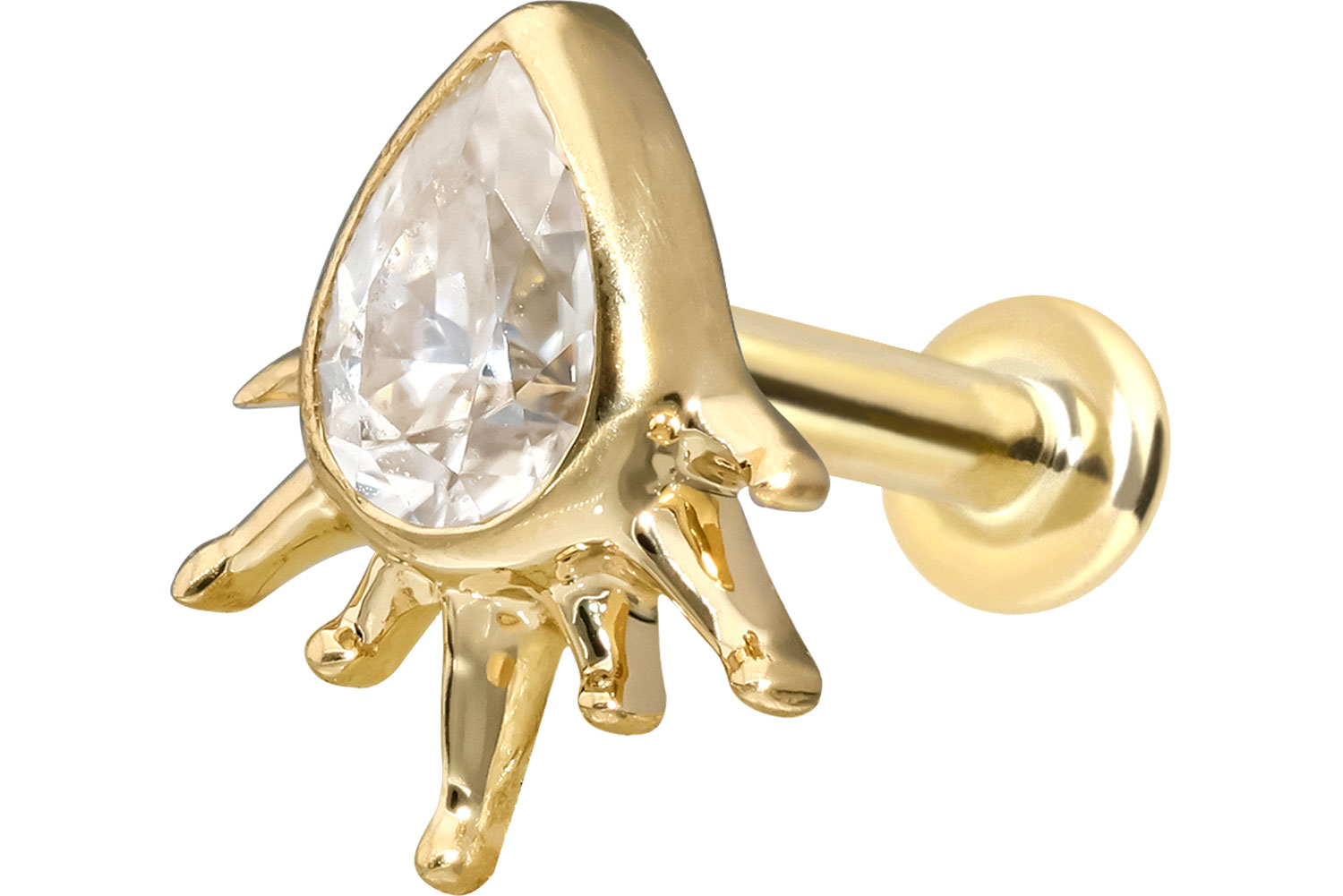 14 Karat Gold Labret Piercing mit Push Fit MOISSANIT-TROPFEN + SONNENSTRAHLEN